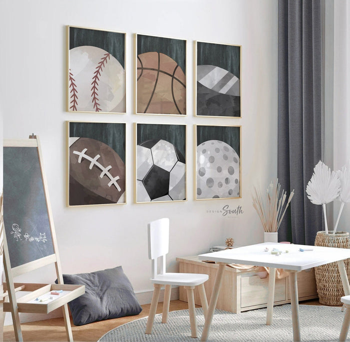 Set of 6 industrial collection kids room sports decor, modern sports nursery art, industrial kids playroom decor, gift for boy sports theme