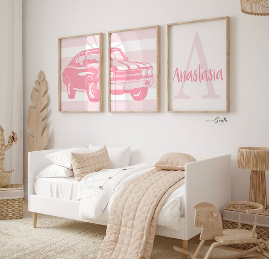 Pink Chevrolet Chevelle SS wall art set of 3, personalized girls room prints
