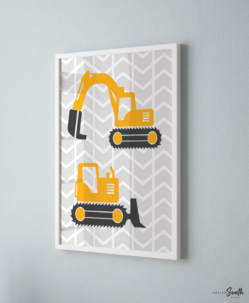 Construction prints, trucks, construction nursery, digger, bulldozer, boys nursery decor, yellow and gray art, art prints, boys construction