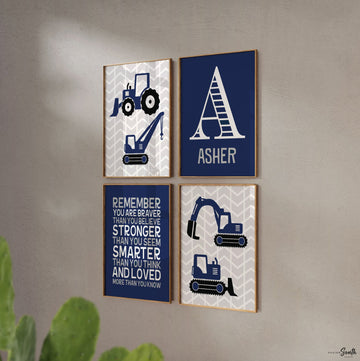 Construction prints, trucks, construction nursery, digger, bulldozer, boys nursery decor, gray, navy blue, art prints, boys construction