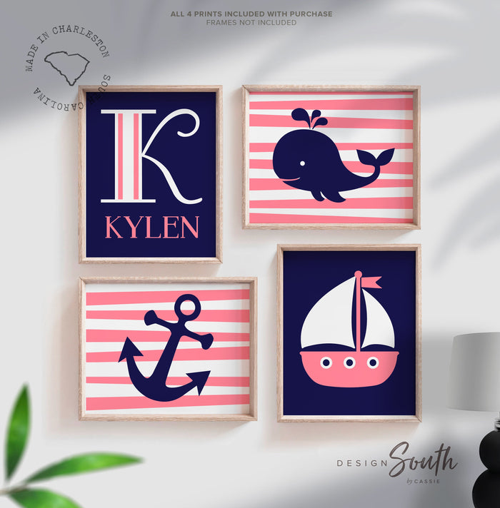 Nautical nursery decor, girls whale nursery, girls nautical bedroom art, nautical nursery art, baby girl nautical nursery art, nautical girl