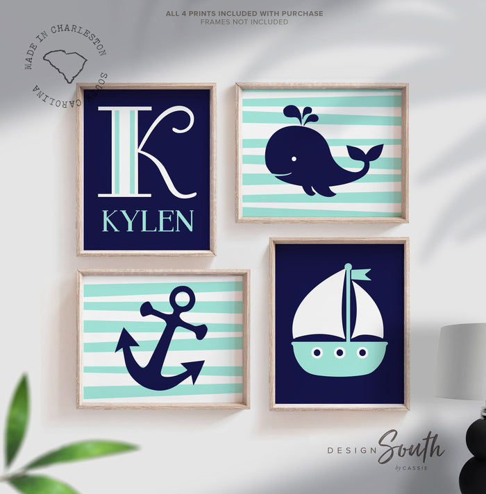 Nautical nursery decor, whale anchor sailboat boys room decor, personalized name nautical theme wall prints, navy blue nautical playroom art