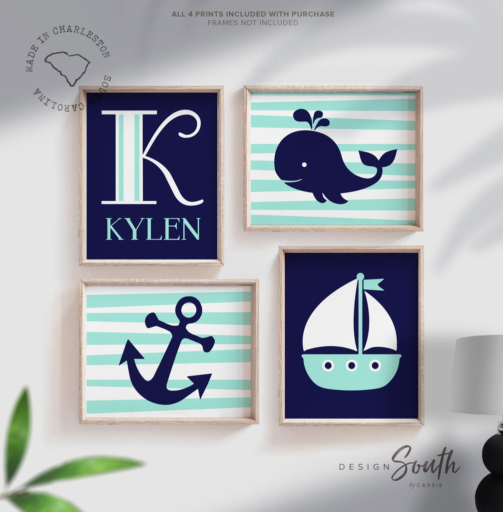 Nautical nursery decor, whale anchor sailboat boys room decor, personalized name nautical theme wall prints, navy blue nautical playroom art