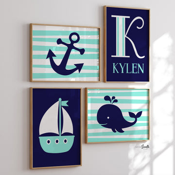 Nautical nursery decor, whale anchor sailboat boys room decor, personalized name nautical theme wall prints, navy blue nautical playroom art