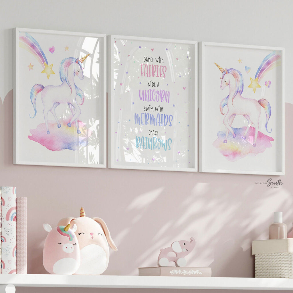 Baby girl unicorn nursery room art, unicorn girls room wall art, girl bedroom unicorn theme, pink blush clouds stars horse unicorn girl name