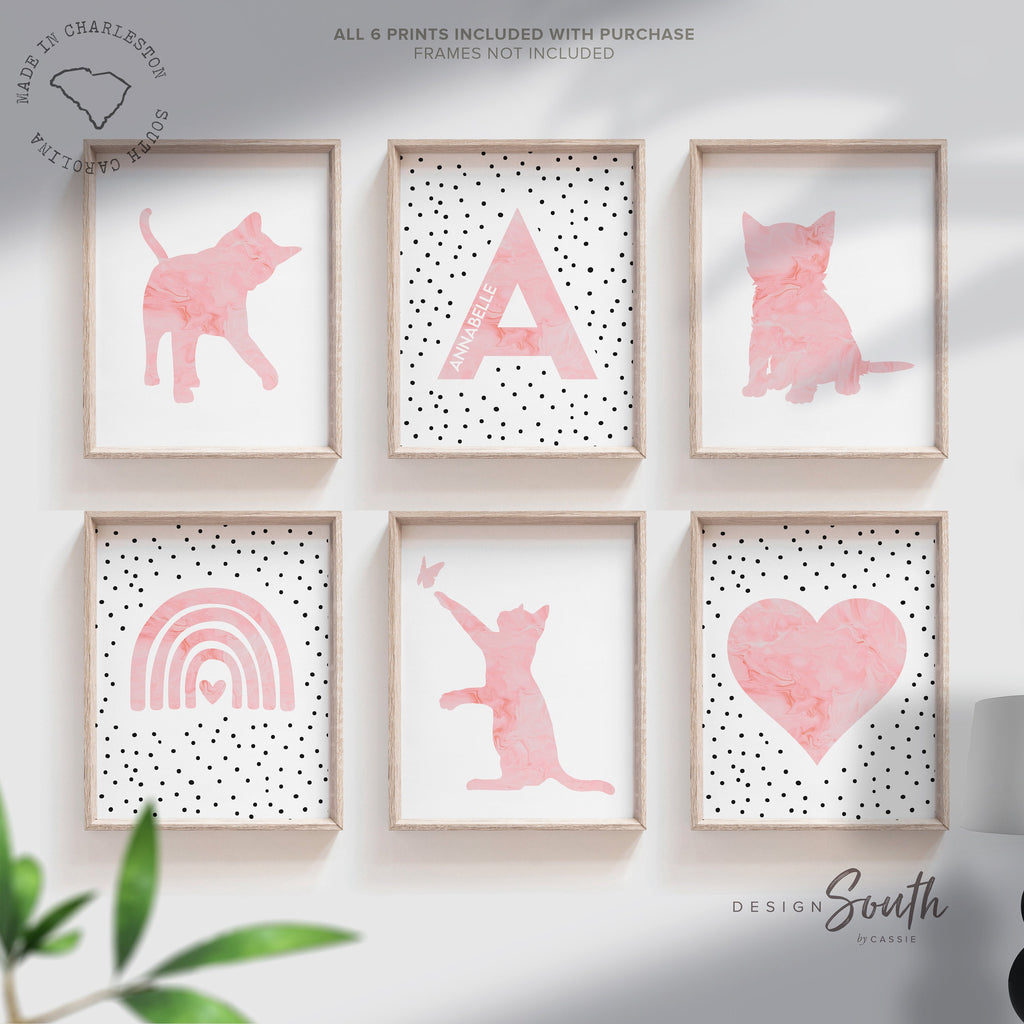 Pink kitten art prints nursery, little girls room kitty decor, pink gray cat girl room, kitten posters, cat nursery art, cat girl bedroom