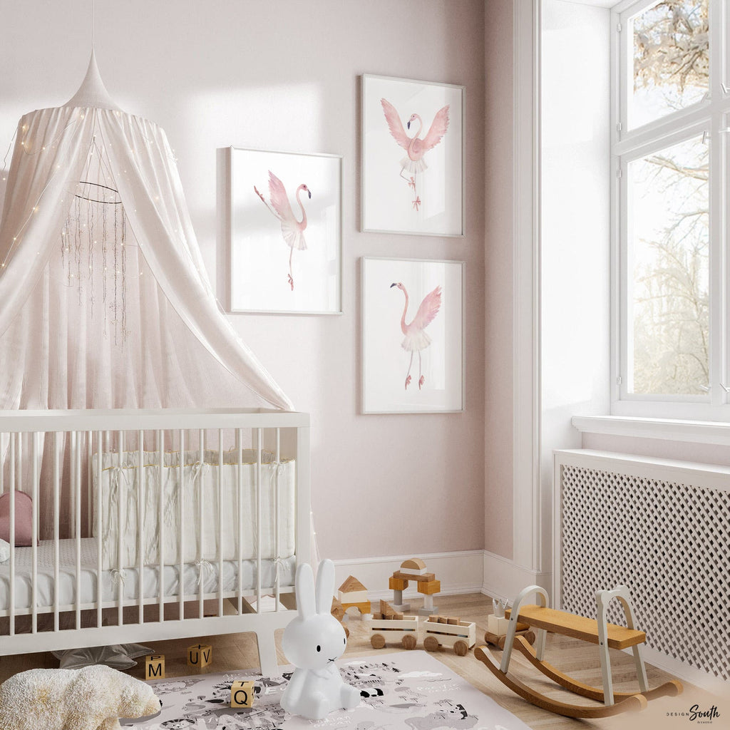 Flamingo nursery set of 3 prints, blush nursery decor, ballerina dance nursery, flamingo nursery decor, blush pink dancer art, pink ballet