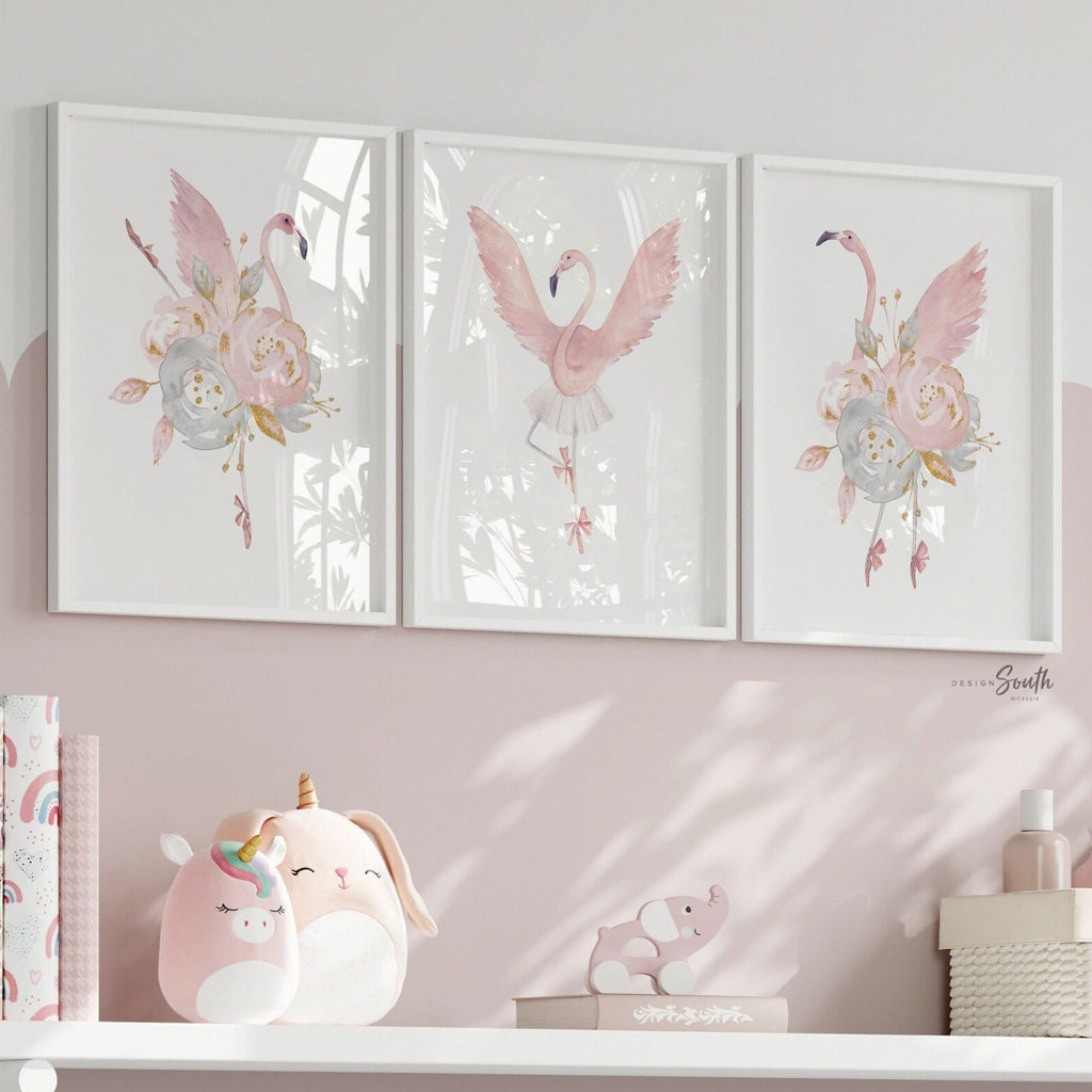 Flamingo nursery set of 3 prints, blush nursery decor, ballerina dance nursery, flamingo nursery decor, blush pink dancer art, pink ballet