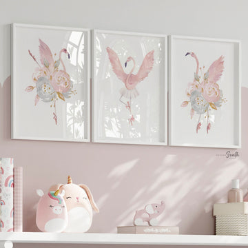 Flamingo nursery set of 3 prints, blush nursery decor, ballerina dance nursery, flamingo nursery decor, blush pink dancer art, pink ballet