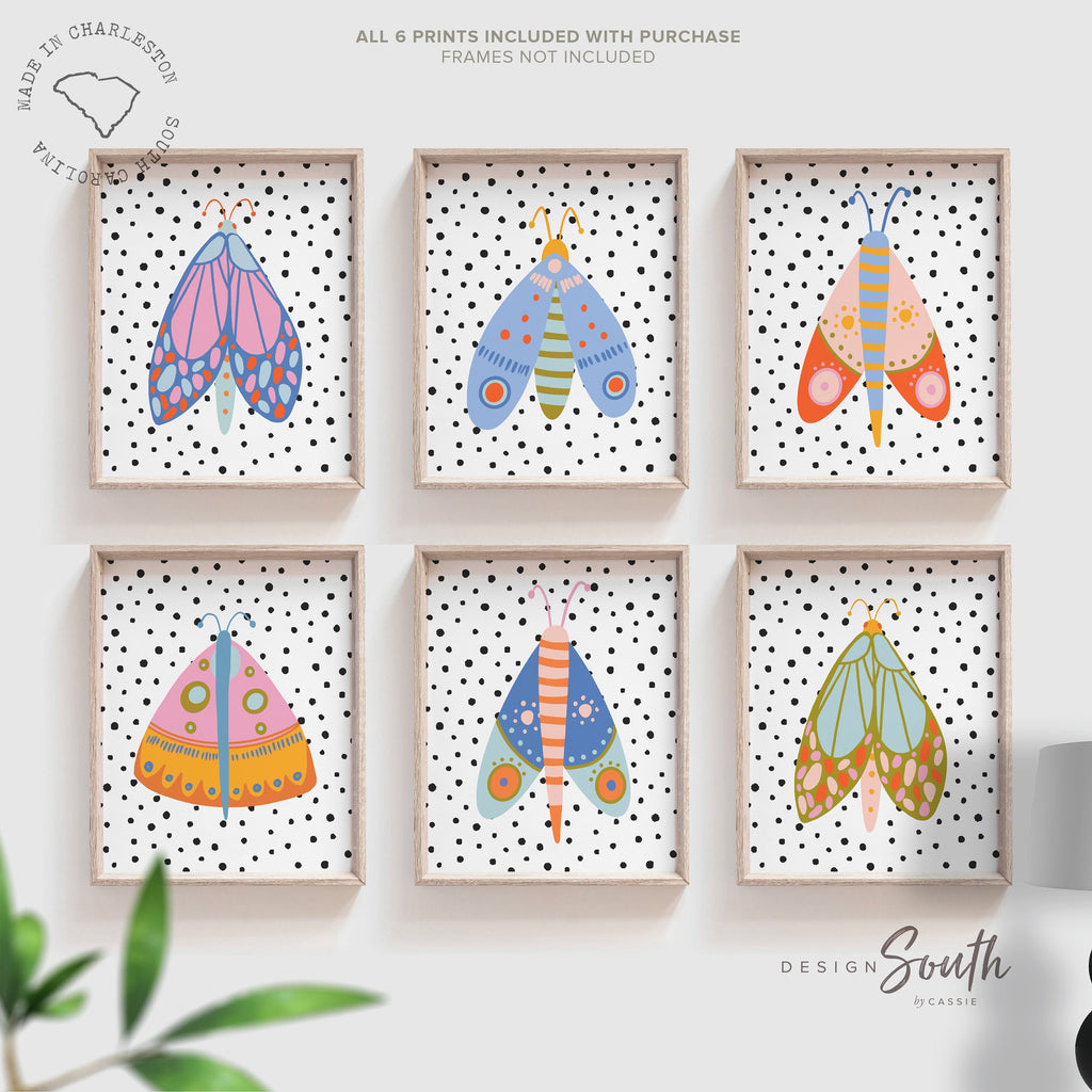 Butterfly art print set featuring colorful and whimsical designs, perfect for a butterfly-themed nursery or girls’ bedroom. These prints add a bright, playful touch to any nursery decor, with vibrant hues that spark joy and imagination. Ideal for creating a fun, inviting atmosphere in a child&#39;s room. Suitable for wall art in a nursery, playroom, or even a baby shower gift. Adds a charming, nature-inspired theme to a baby girl’s space.