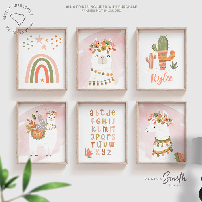 Terracotta burnt orange nursery art, boho little girl bedroom art llama, baby girl flower crown animal, burnt orange coral girl boho theme
