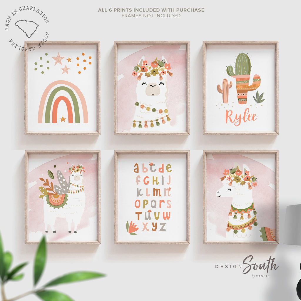 Terracotta burnt orange nursery art, boho little girl bedroom art llama, baby girl flower crown animal, burnt orange coral girl boho theme
