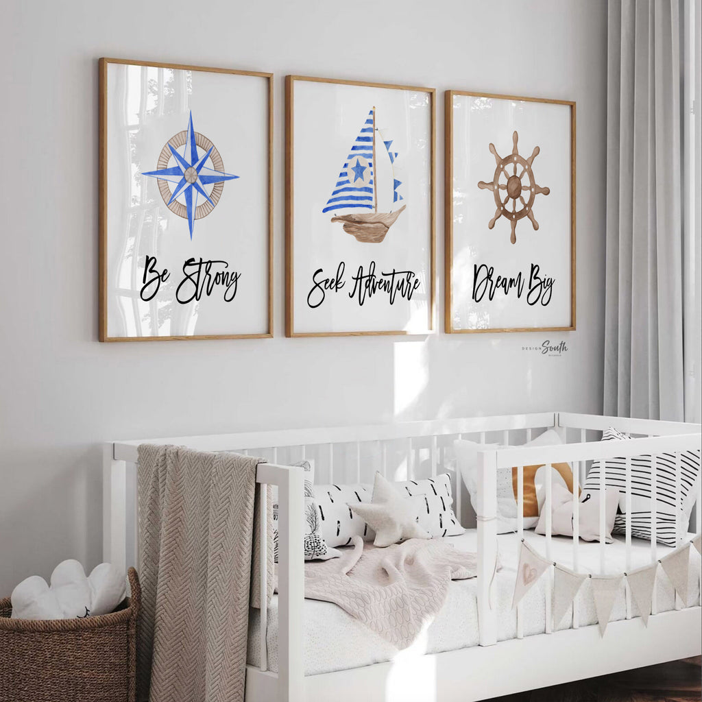 Baby nautical nursery decor, baby nautical gift, blue boy nautical room decor, compass sailboat wooden ship wheel baby room art, sailing art