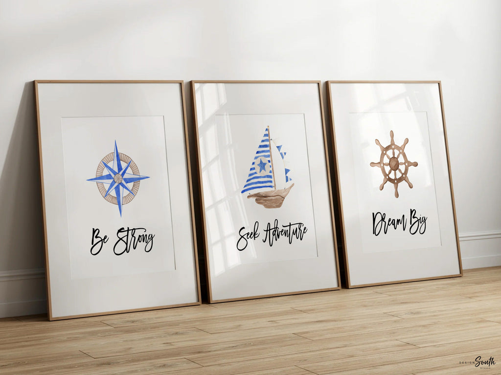 Baby nautical nursery decor, baby nautical gift, blue boy nautical room decor, compass sailboat wooden ship wheel baby room art, sailing art