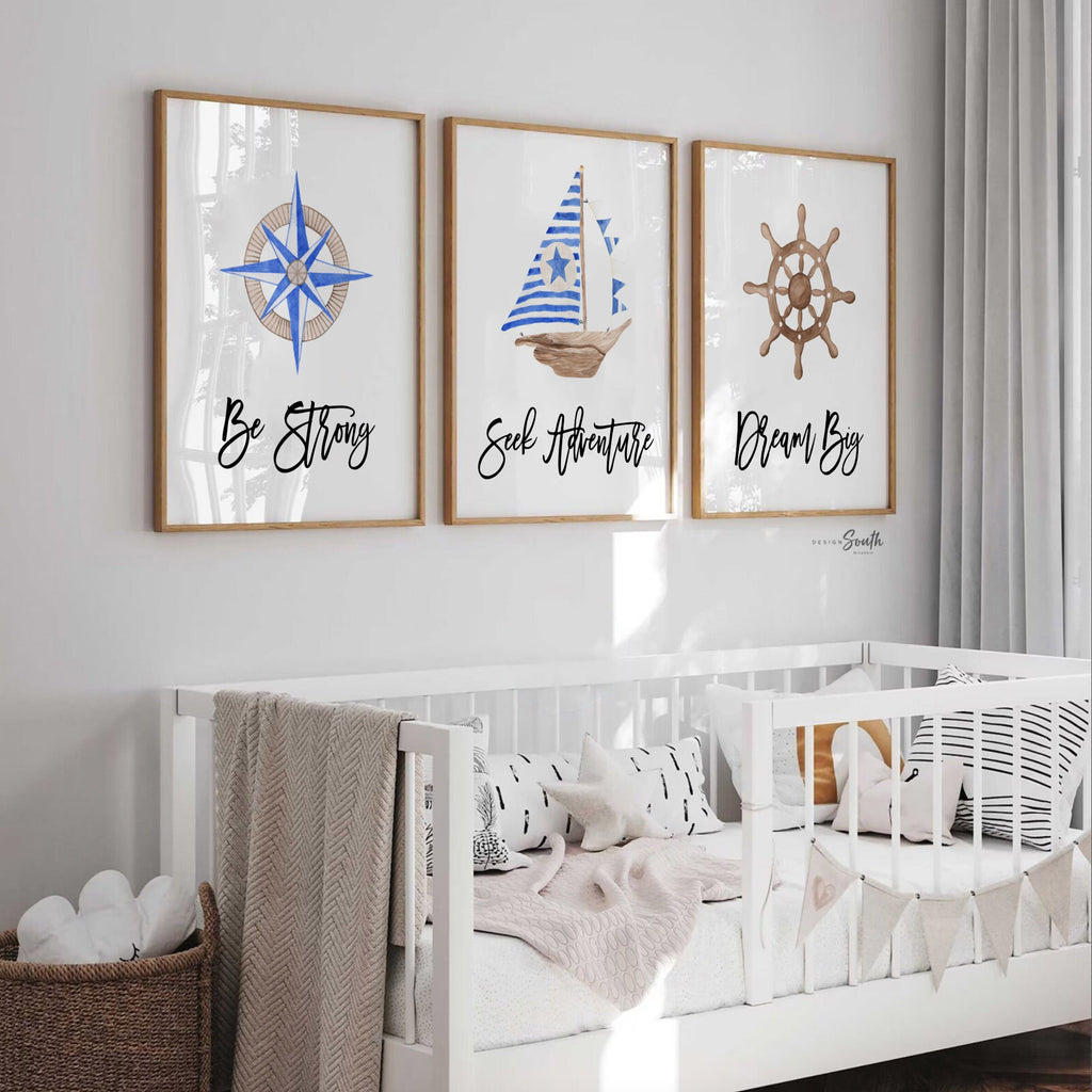 Baby nautical nursery decor, baby nautical gift, blue boy nautical room decor, compass sailboat wooden ship wheel baby room art, sailing art