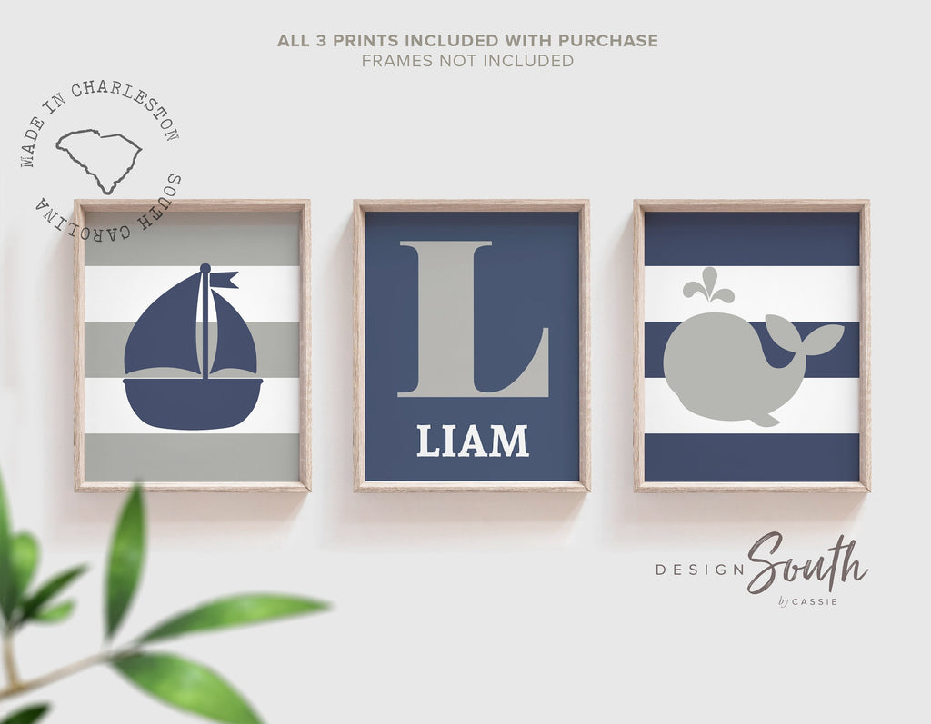 Nautical navy and gray nursery decor, personalized prints, boys name wall art, baby boy nautical room decor, nautical baby shower gift boy