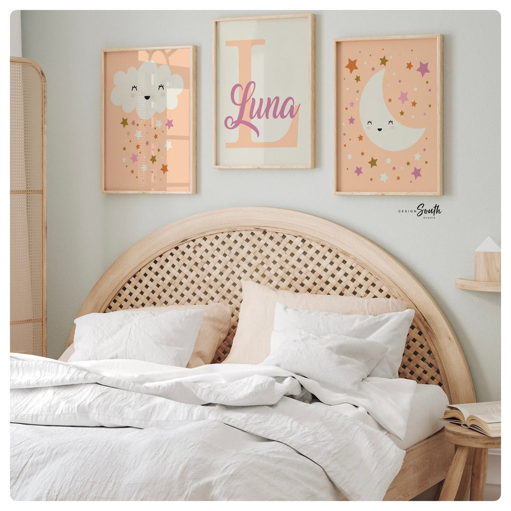 Boho baby girl nursery, twinkle twinkle little star boho colors, peach baby girl nursery, wall decor personalized name boho moon star baby