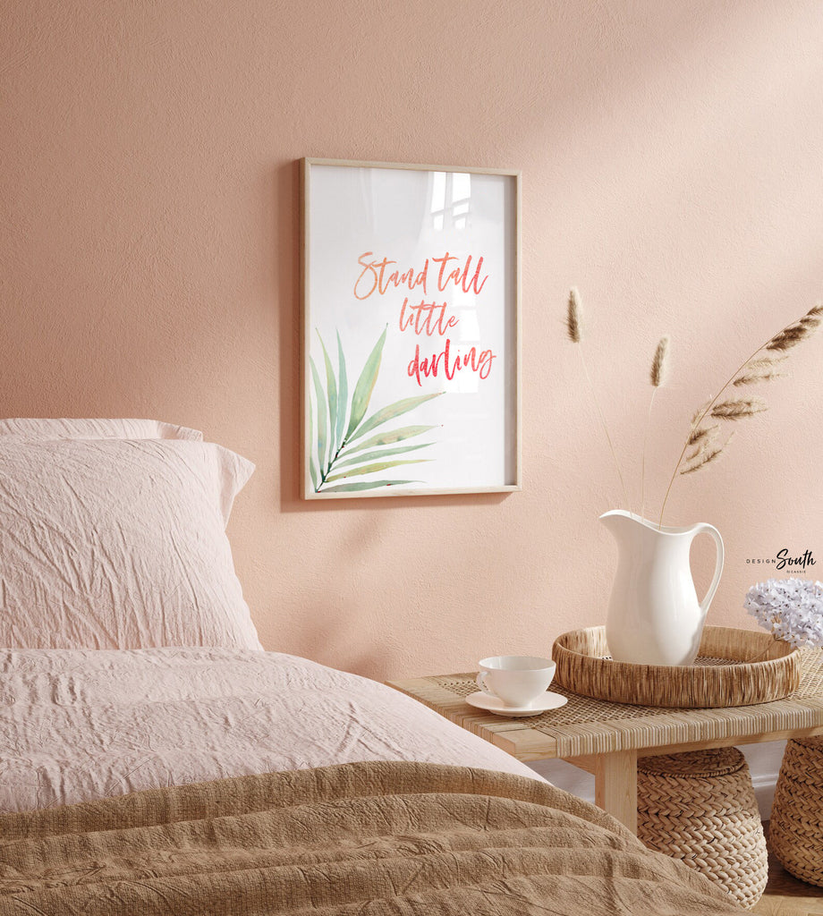 Stand tall little darling, tropical palm flamingo nursery, above crib tropical theme, flamingo art, newborn flamingo nursery pink and green