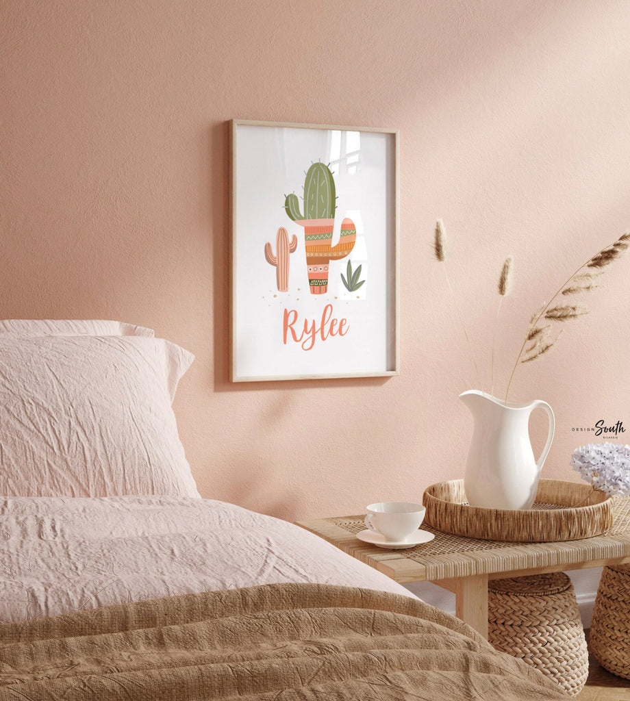 Green and coral pink girl nursery decor, blush pink coral and green nursery wall art, girls name nursery sign llama themed, coral baby decor