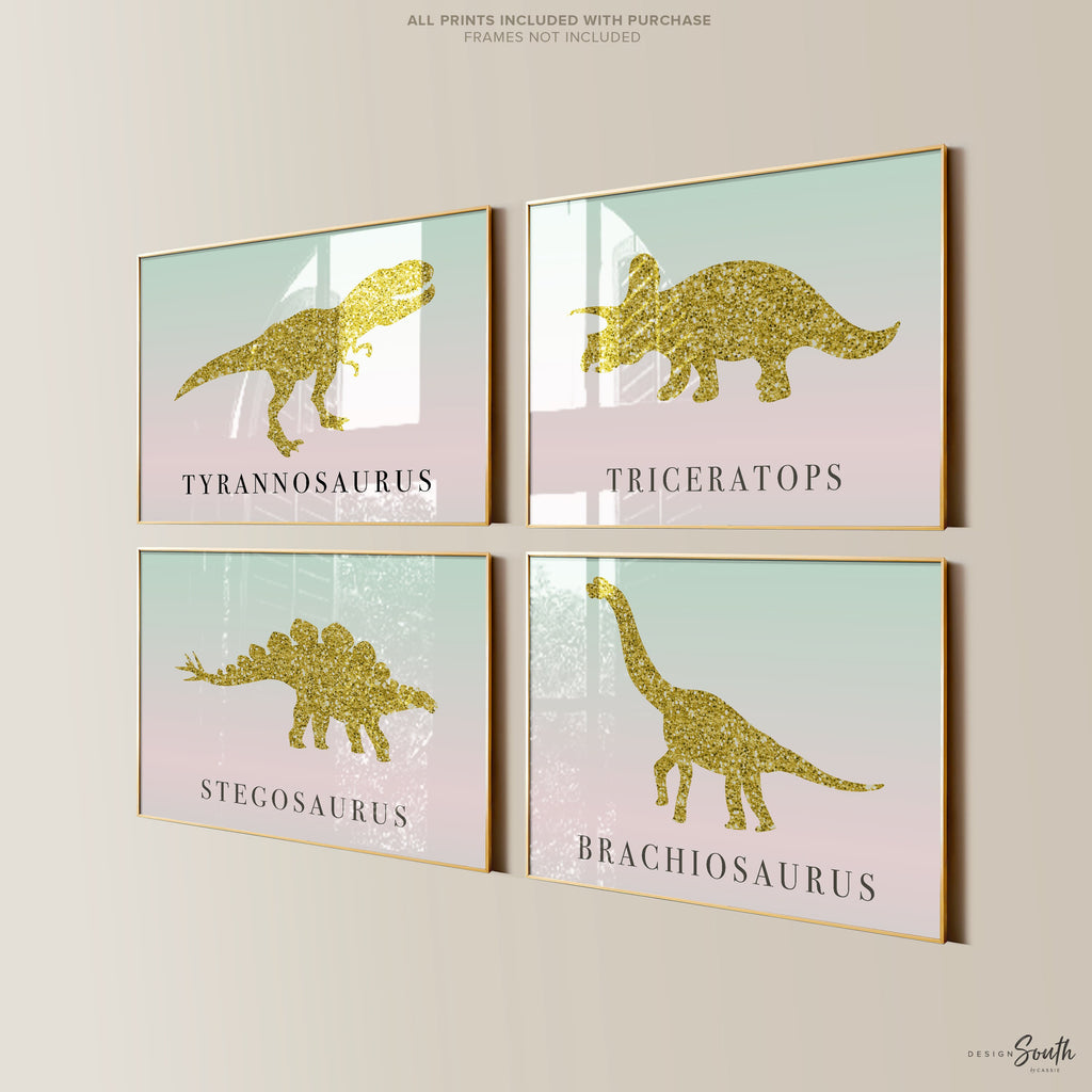 Ombre dinosaur girl art, girls nursery bedroom playroom decor dinosaur themed art, prints girls bedroom gold dinosaurs, girl baby dinosaurs