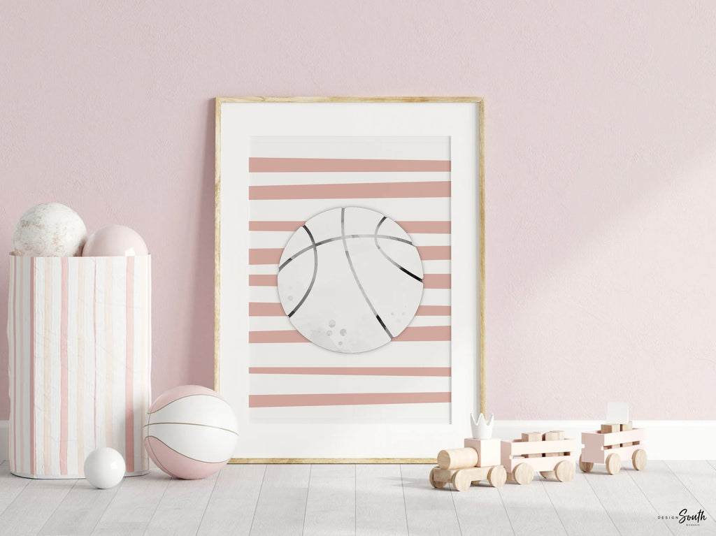 Pink sports art, little girl room sports themed, girly sports art, toddler girl athletic art, baby girl sports nursery pink gray wall art