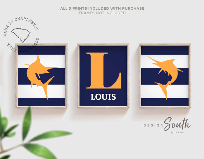 Nautical nursery decor, personalized prints for nursery, orange and navy blue wall prints, marlin fish, playroom print, fishing boy bedroom