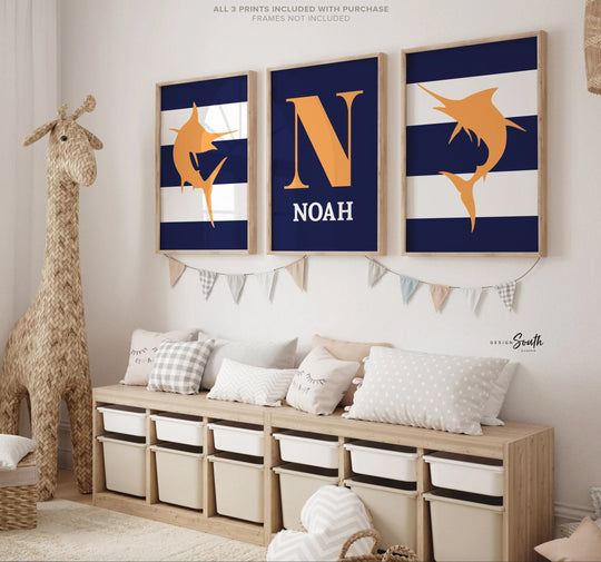 Nautical nursery decor, personalized prints for nursery, orange and navy blue wall prints, marlin fish, playroom print, fishing boy bedroom
