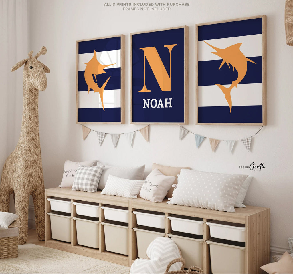 Nautical nursery decor, personalized prints for nursery, orange and navy blue wall prints, marlin fish, playroom print, fishing boy bedroom