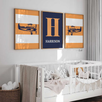 Boys orange and blue airplane nursery decor, aviation nursery, orange and navy boys, boys bedroom airplanes, aviation bedroom wall art boys