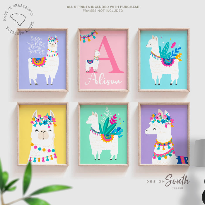Pastel boho art, baby girls llama nursery wall decor, colorful nursery decor for girl, llama cactus succulent flowers theme nursery girls