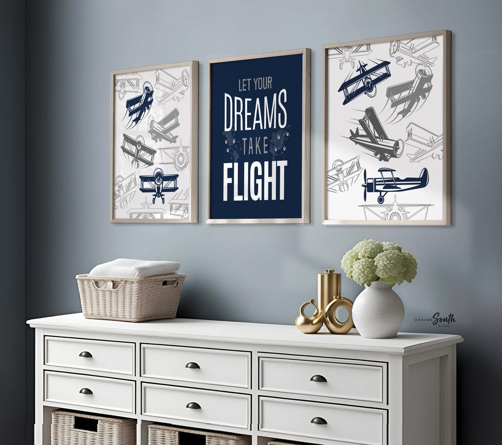 Transform your child&#39;s space with airplane-themed boys&#39; bedroom wall decor. Perfect for a flight transportation-themed room, this collection brings the wonder of aviation to life. Ideal for airplane kids&#39; rooms, nurseries, or bedrooms, these prints capture the spirit of adventure and the thrill of flight. A thoughtful pilot-themed newborn gift, this artwork inspires imagination and dreams of soaring through the skies. Elevate any space with this charming aviation-inspired decor.