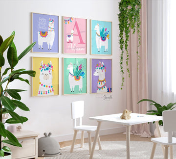 Pastel boho art, baby girls llama nursery wall decor, colorful nursery decor for girl, llama cactus succulent flowers theme nursery girls