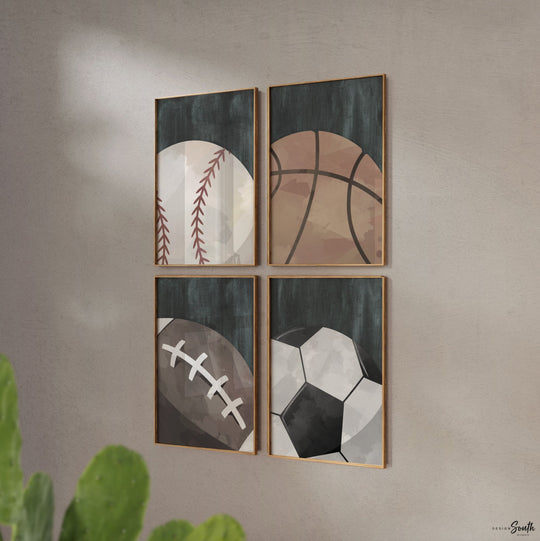 Rustic industrial kids room sports decor, modern sports nursery art set, industrial kids playroom decor, gift for boy sports theme, kid room