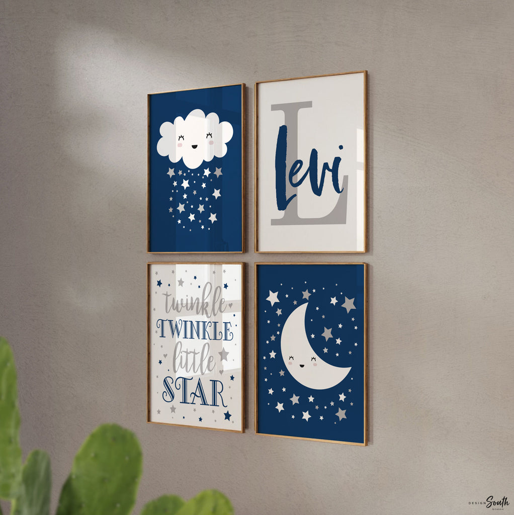 Navy blue and gray boys nursery wall art, moon star clouds, baby boy art, navy blue nursery decor, star nursery, baby boy nursery wall decor