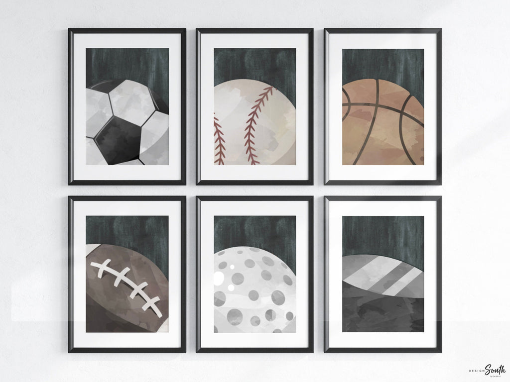 Set of 6 industrial collection kids room sports decor, modern sports nursery art, industrial kids playroom decor, gift for boy sports theme
