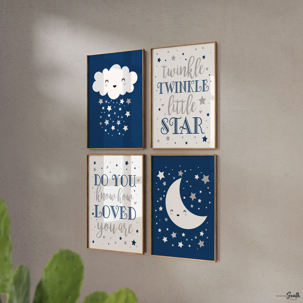 Moon and stars nursery wall art set in navy blue and gray, perfect for a celestial-themed baby boy nursery. Features moon, stars, and clouds, adding a whimsical and dreamy touch to any child&#39;s room. Ideal baby boy art, this star and moon decor brings a calming, magical vibe to a nursery, playroom, or toddler&#39;s room. Beautiful celestial art wall decor that complements modern nursery themes, creating a cozy and imaginative space for your little one.