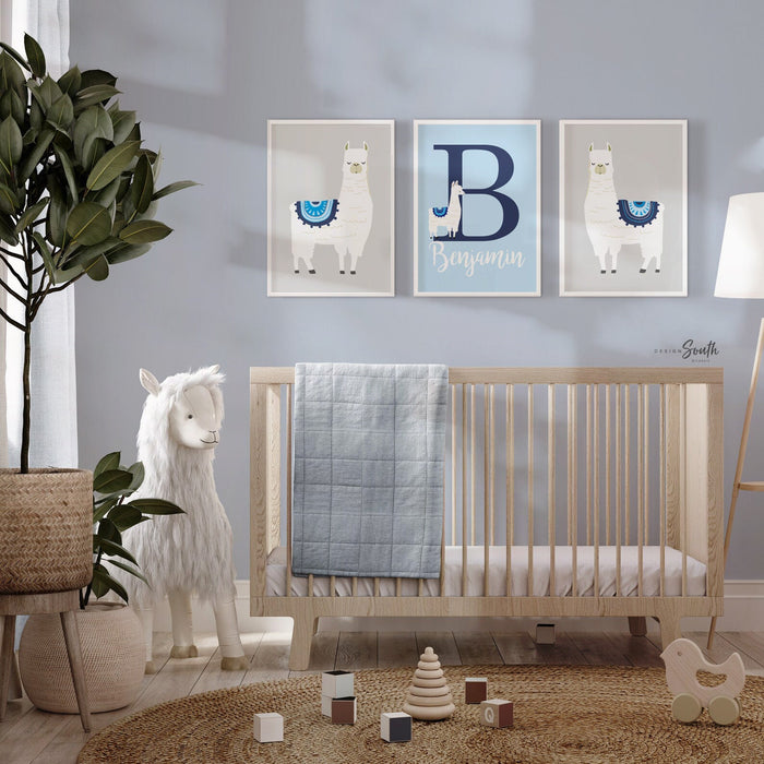 Boy llama art, baby blue navy blue and gray nursery art, personalized name print set with llamas, llama themed room, blue llama art, alpacas