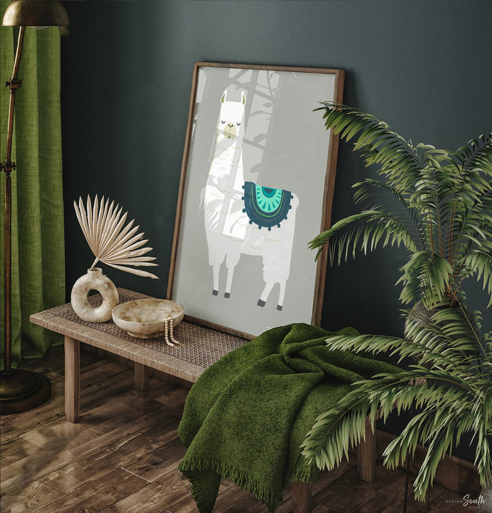 Boho llama alpaca nursery boy, teal blue green boy bedroom llama art, desert themed room kid decor, modern llama themed room, boy llama gift