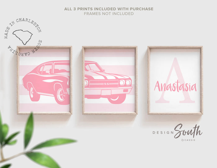 Pink muscle car classic chevrolet chevelle ss, pink car nursery art, car themed big girl room, antique car print for girls, pink muscle cars