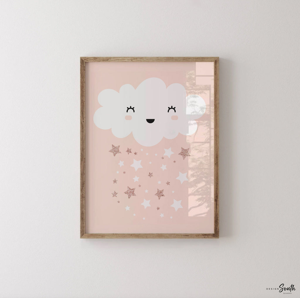Baby room pink and rose gold, girls nursery pink, cloud moon and stars nursery, pink clouds nursery, pink stars nursery, girls name print