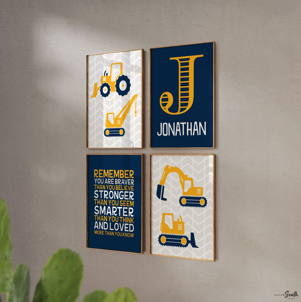 Construction prints, trucks, construction nursery, digger, bulldozer, boys nursery decor, yellow and gray art, art prints, boys construction