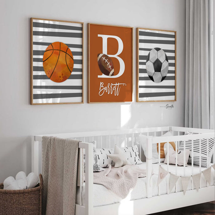 Boys room burnt orange and gray, baby boy nursery sports theme, birthday sports party gift for boy personalized, sports set boy shower gift