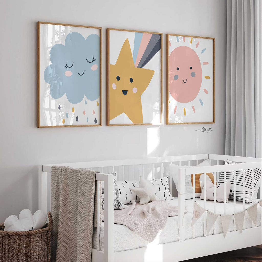 Neutral sweet baby wall art set, moon star cloud nursery theme, newborn baby room decor, gift baby shower, set of 3 nursery above crib art