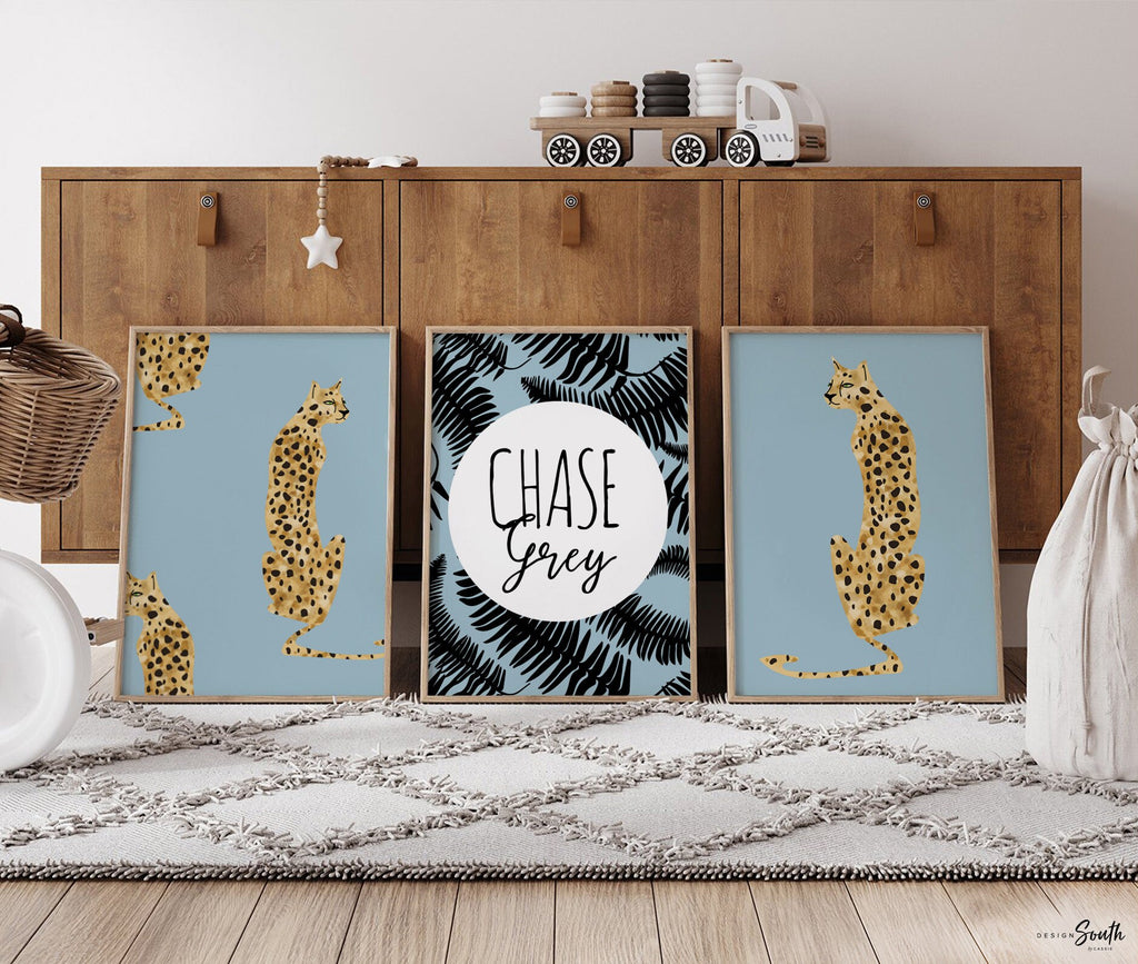 Baby blue leopard cheetah prints, blue jungle cheetah, boy safari nursery art personalized, unisex cheetah art, boho jungle blue vintage art
