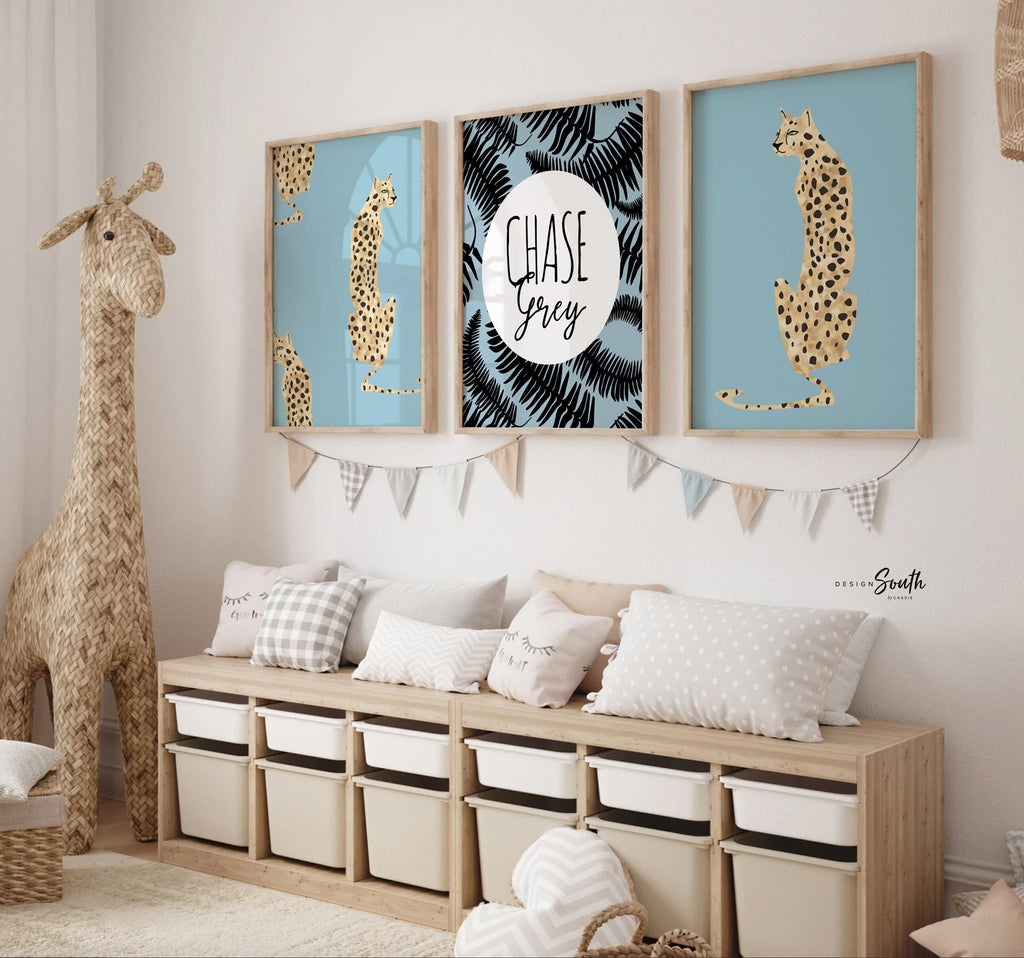 Baby blue leopard cheetah prints, blue jungle cheetah, boy safari nursery art personalized, unisex cheetah art, boho jungle blue vintage art