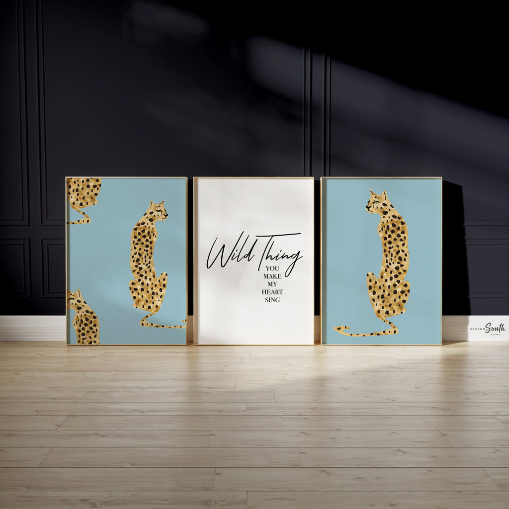 Blue leopard cheetah prints, blue jungle cheetah, boy safari nursery art wild thing quote, unisex cheetah art, boho jungle blue vintage art