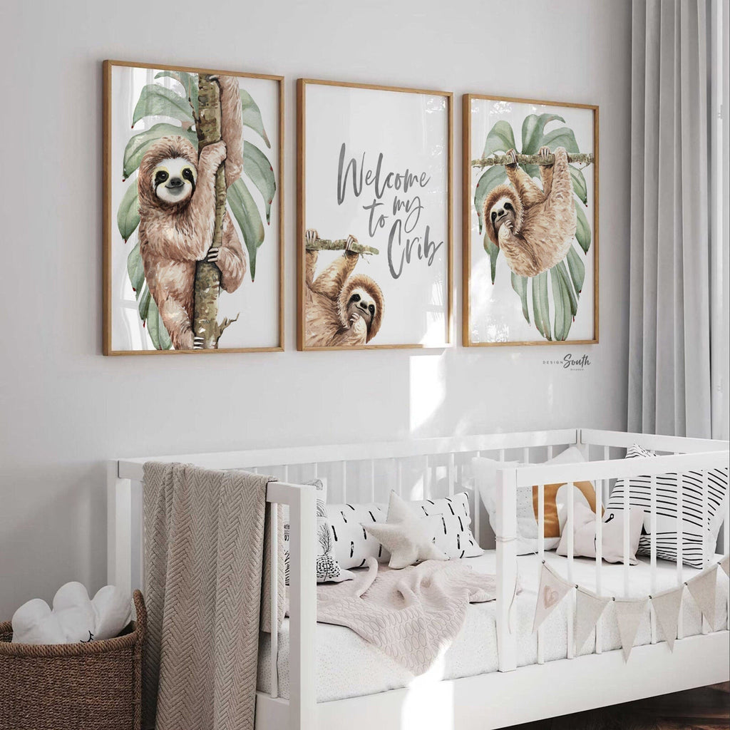 Sloth wall art set featuring adorable sloths, perfect for a sloth-themed baby nursery or toddler’s room. Includes tropical rainforest-inspired decor with green and gray neutral tones. Great for creating a relaxing, whimsical space. Ideal for newborns, infants, and toddlers, this sloth nursery art set complements modern baby room decor and brings a playful, cozy vibe. Perfect baby shower gift for animal lovers and jungle-themed nurseries.
