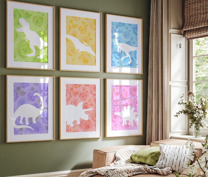 Girly floral dinosaur decor, girl's room flower dinosaur art, pink yellow green blue dinosaur themed art, girl dinosaur room, girl dinosaurs