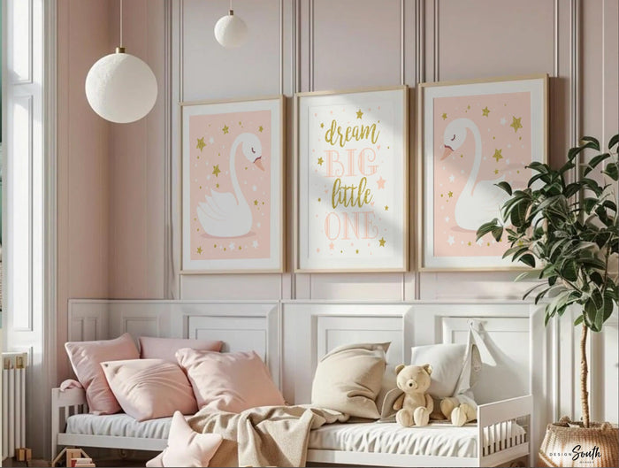 Swan Nursery Decor: Pink & Gold Wall Art Prints