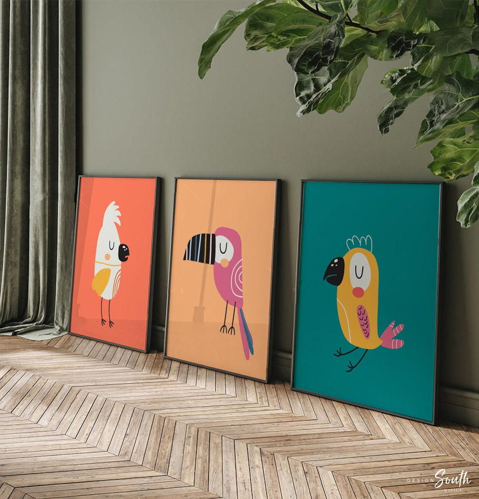 Exotic tropical birds print, colorful birds wall art, tropical vibes print set, bright tropical birds print set, modern girls tropical art